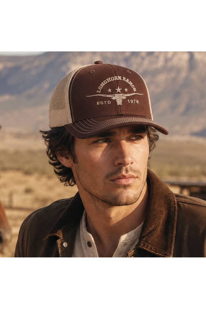Longhorn Ranch - Mesh Back Trucker Hat: Dark Brown/Khaki