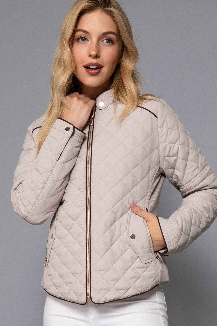 Suede Piping Detail Rib Quilted Padding Jacket : TPE-PALE TAUPE / L