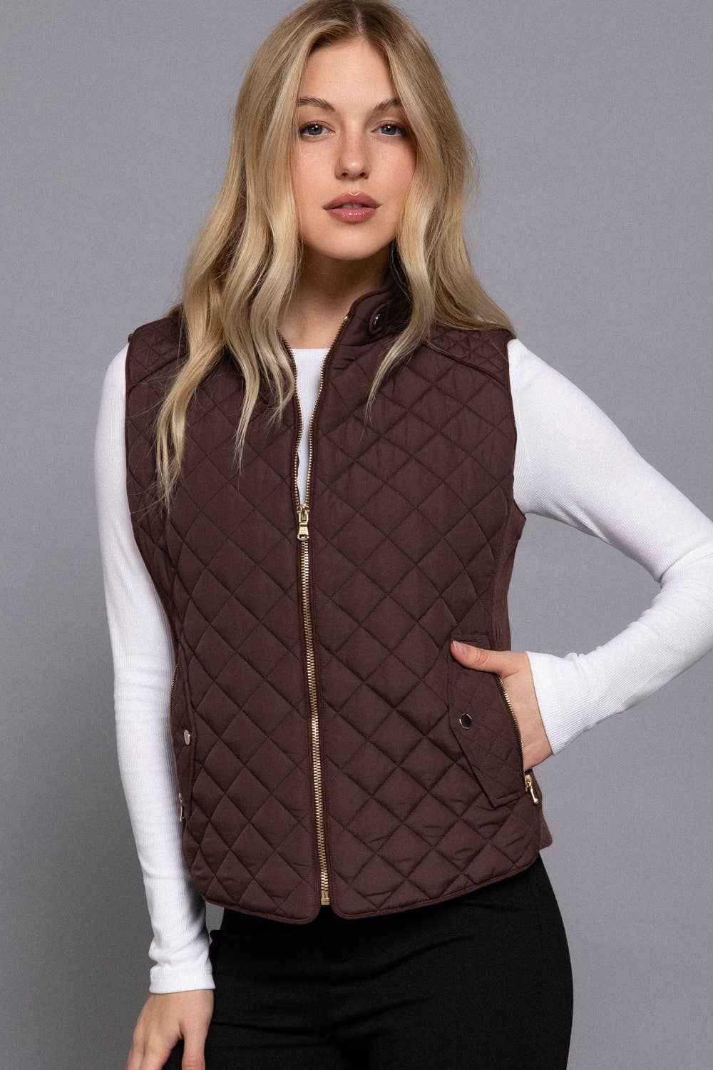Suede Piping Detail Rib Quilted Padding Vest: BRN-chocolate / L