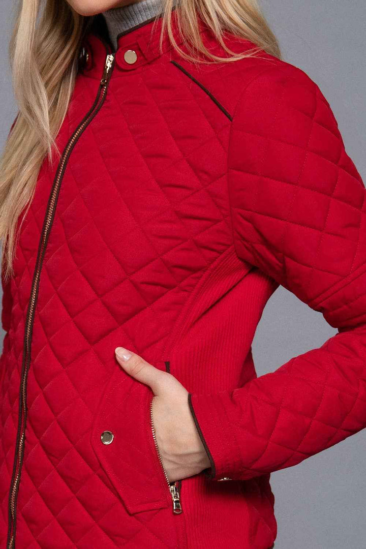 Suede Piping Detail Rib Quilted Padding Jacket : RED-red / M
