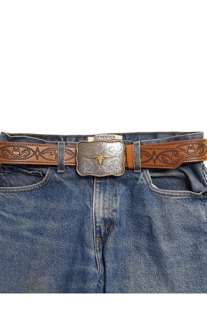Western Long Horn Buckle with matching tooled belt, Tan