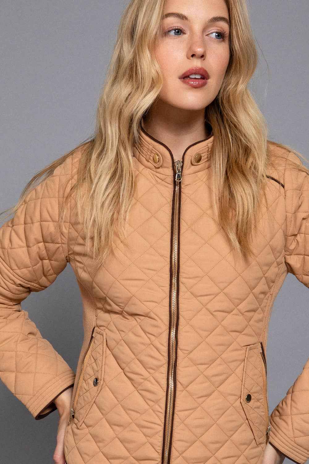 Quilted Jacket with Suede Piping - Caramel