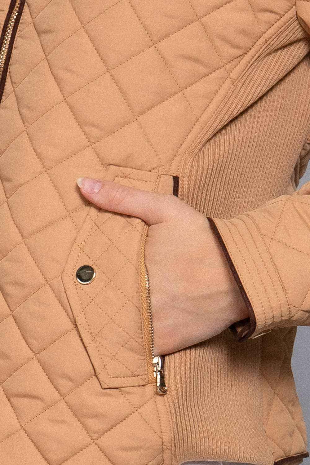 Quilted Jacket with Suede Piping - Caramel