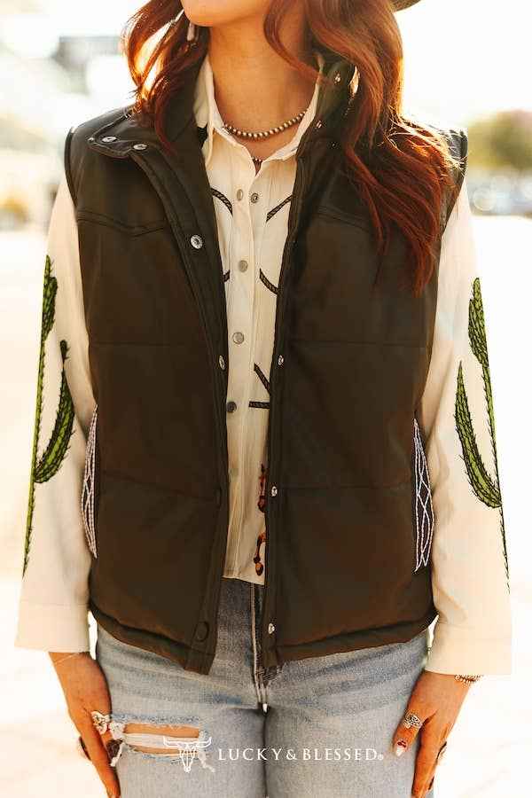 Olive Quilted Leather Bootstitch Crop Vest: S