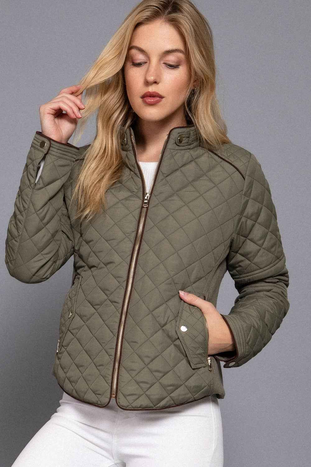 Suede Piping Detail Rib Quilted Padding Jacket : OLV-olive oil / M