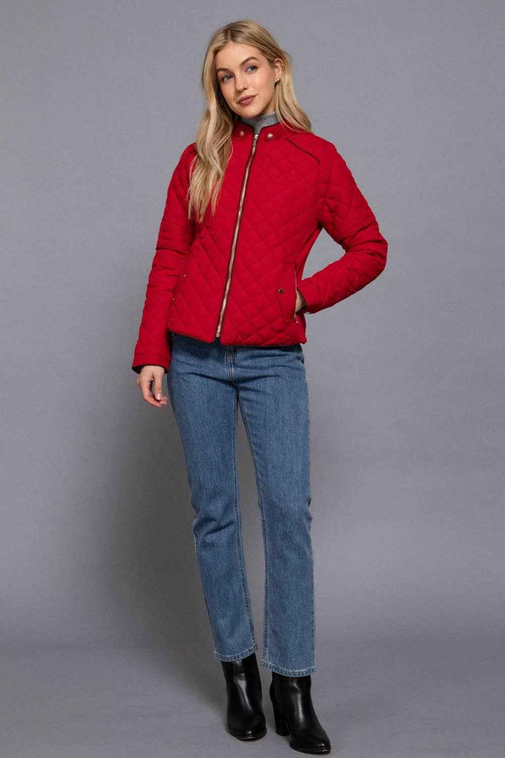 Suede Piping Detail Rib Quilted Padding Jacket : RED-red / M
