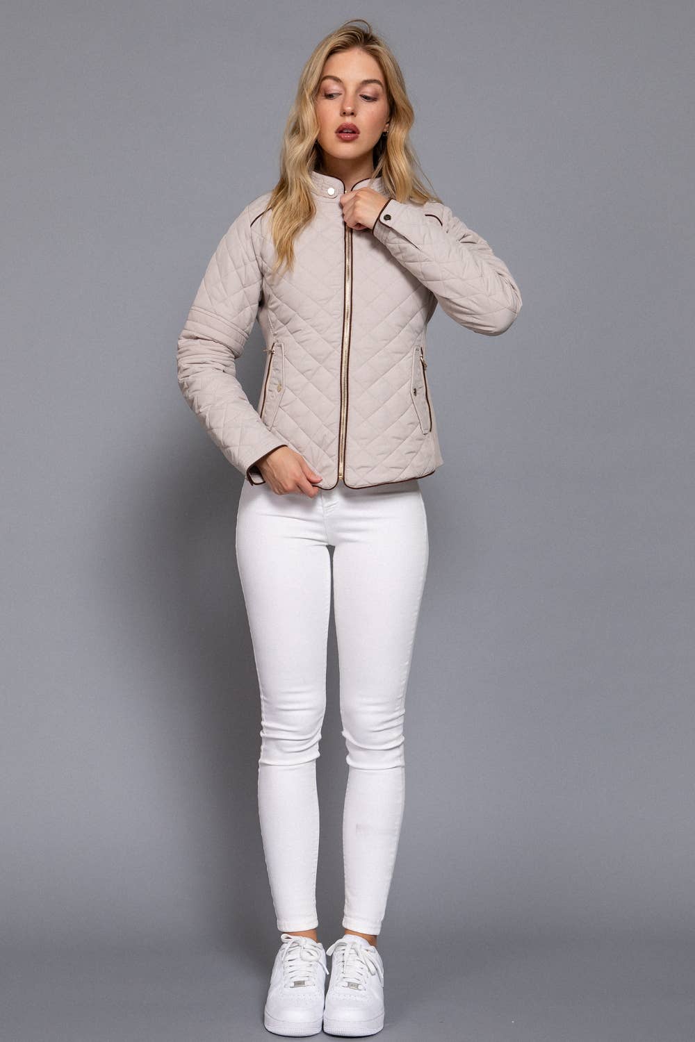 Quilted Jacket with Suede piping - Pale Taupe
