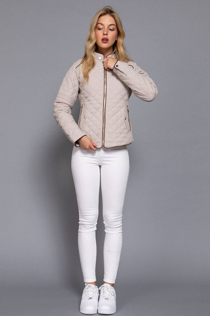Quilted Jacket with Suede piping - Pale Taupe