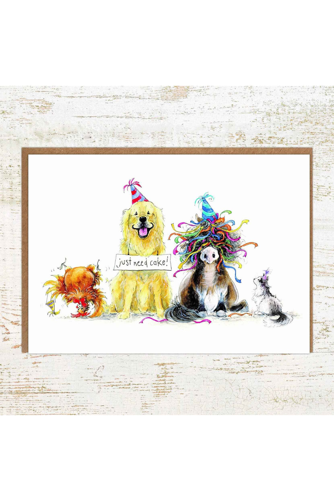 Just Need Cake - A6 Cat, Chicken, Dog and Pony Birthday Card