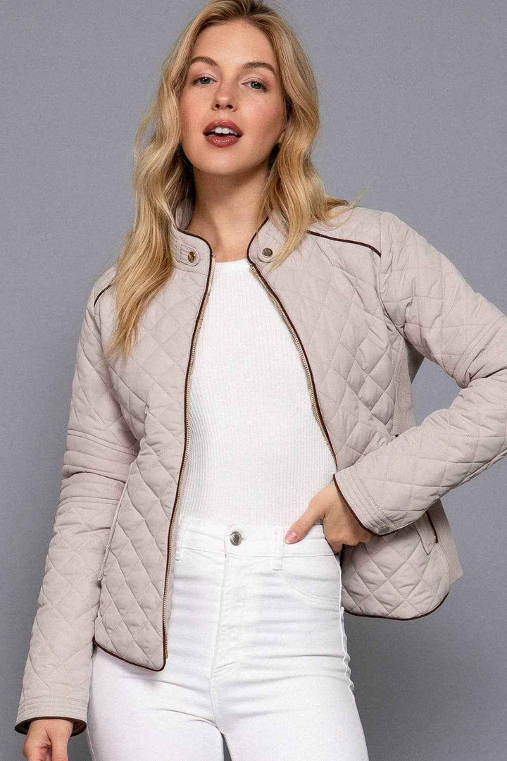 Suede Piping Detail Rib Quilted Padding Jacket : TPE-PALE TAUPE / L