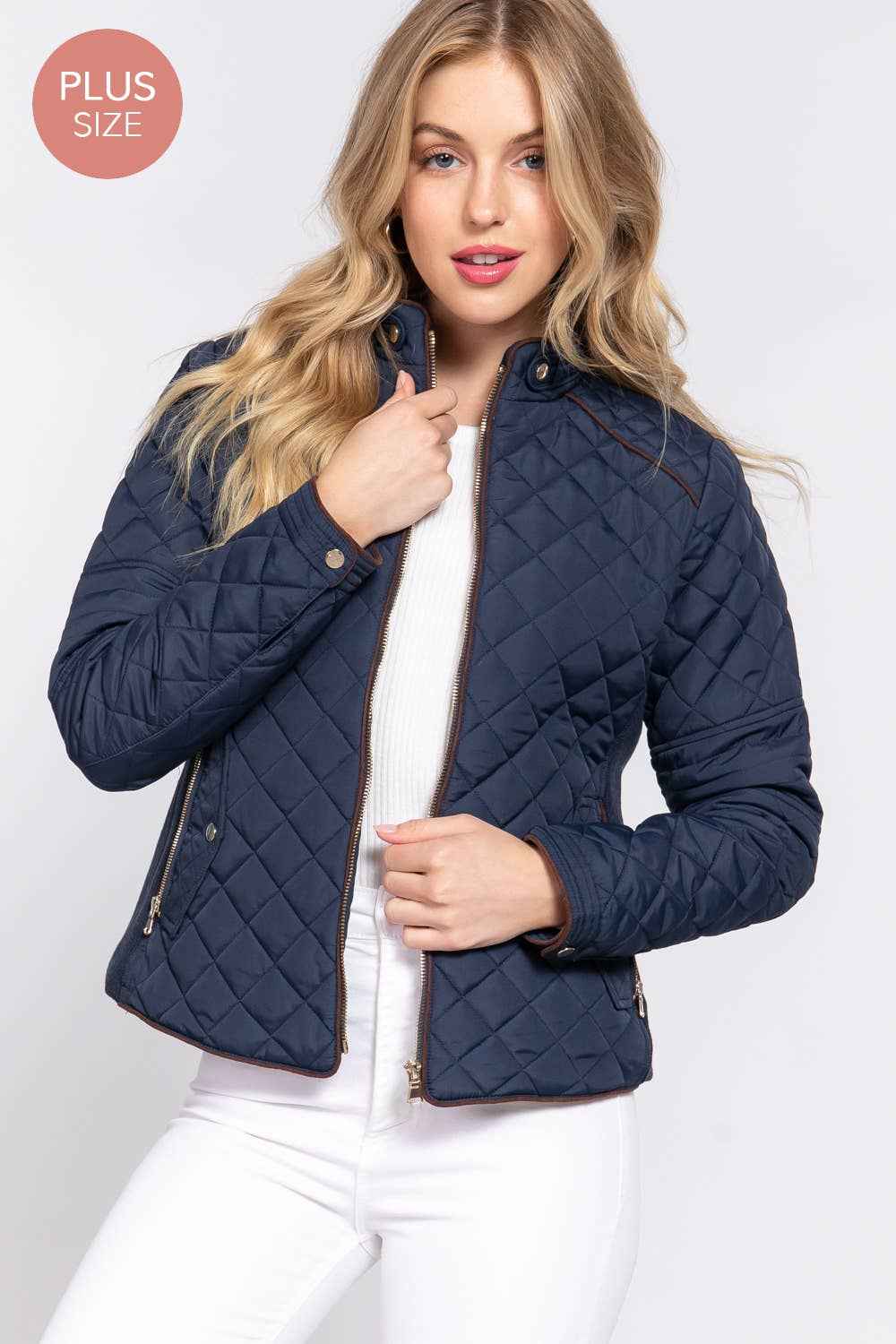 Quilted Jacket with Suede Piping - Caramel