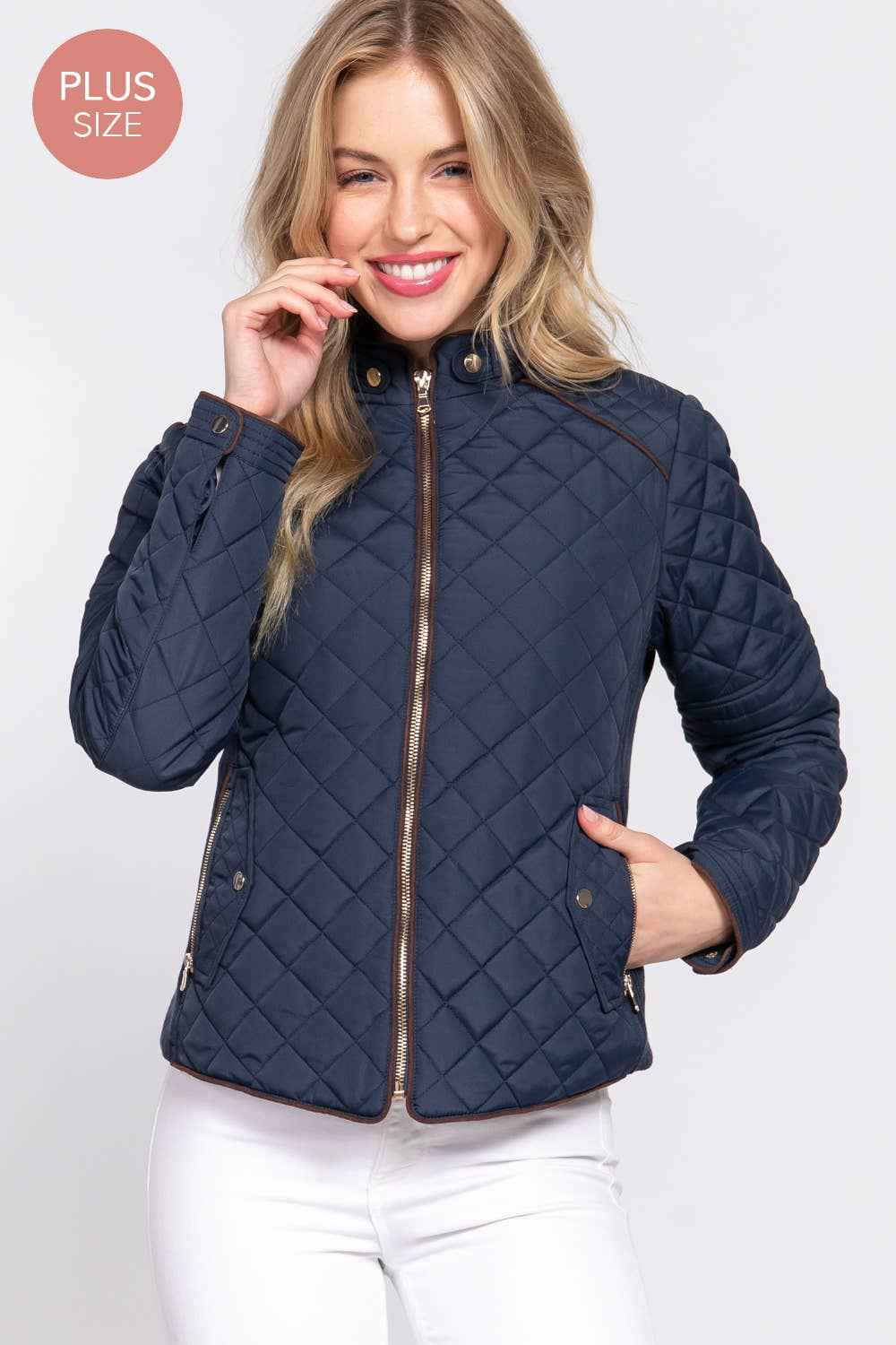 Quilted Jacket with Suede Piping - Caramel