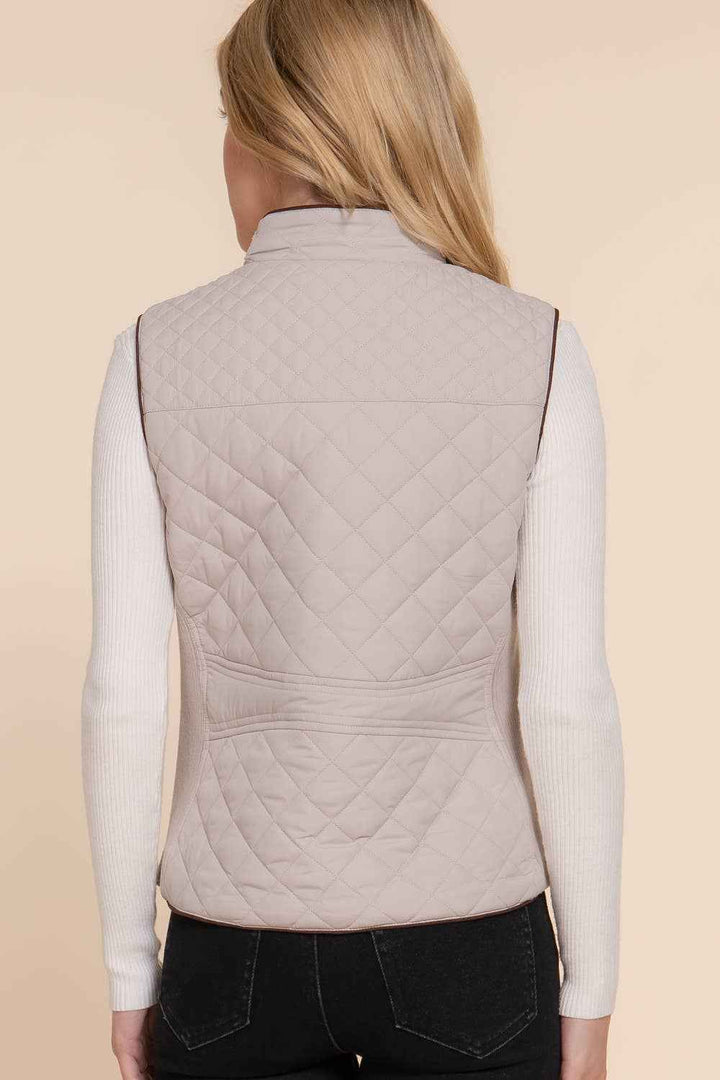 Suede Piping Detail Rib Quilted Padding Vest: TPE-pale taupe / M