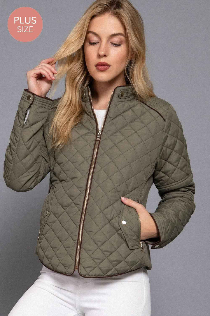 Quilted Jacket with Suede Piping - Caramel